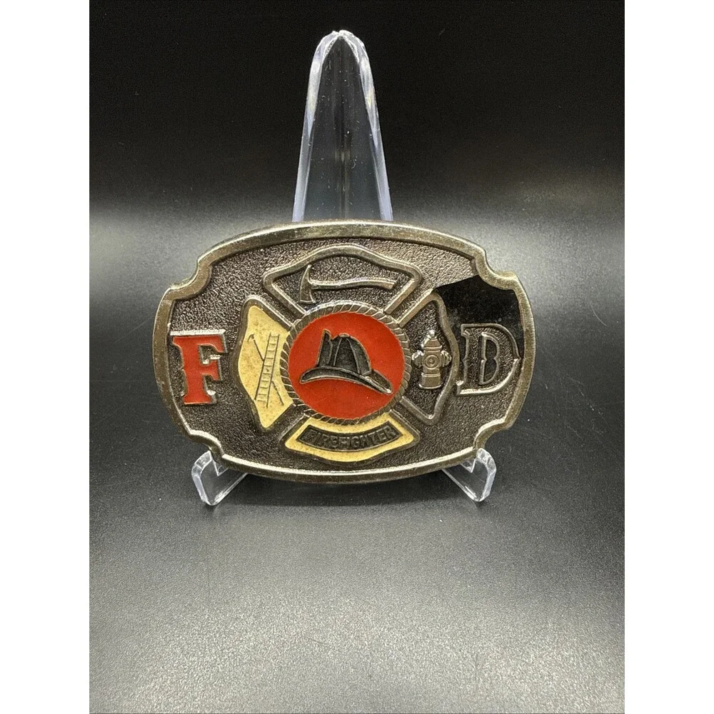 Belt Buckle Bakery 1670 Firefighter Enamel FD VTG Metal Helmet Logo Axe Ladder
